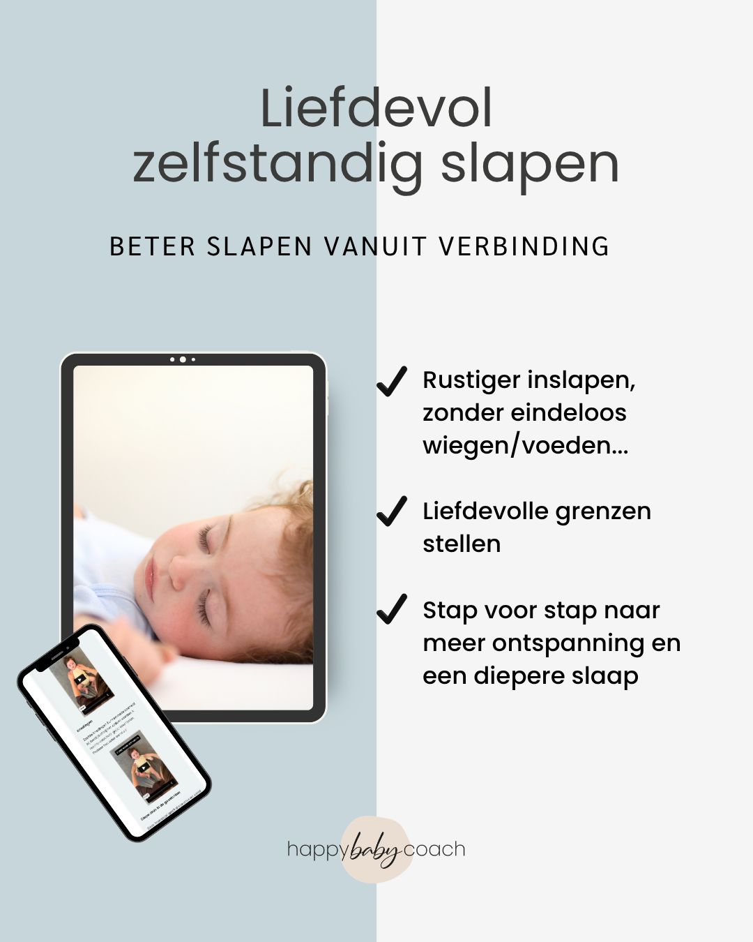 Productweergave van de online cursus Liefdevol Zelfstandig Slapen op tablet en telefoon