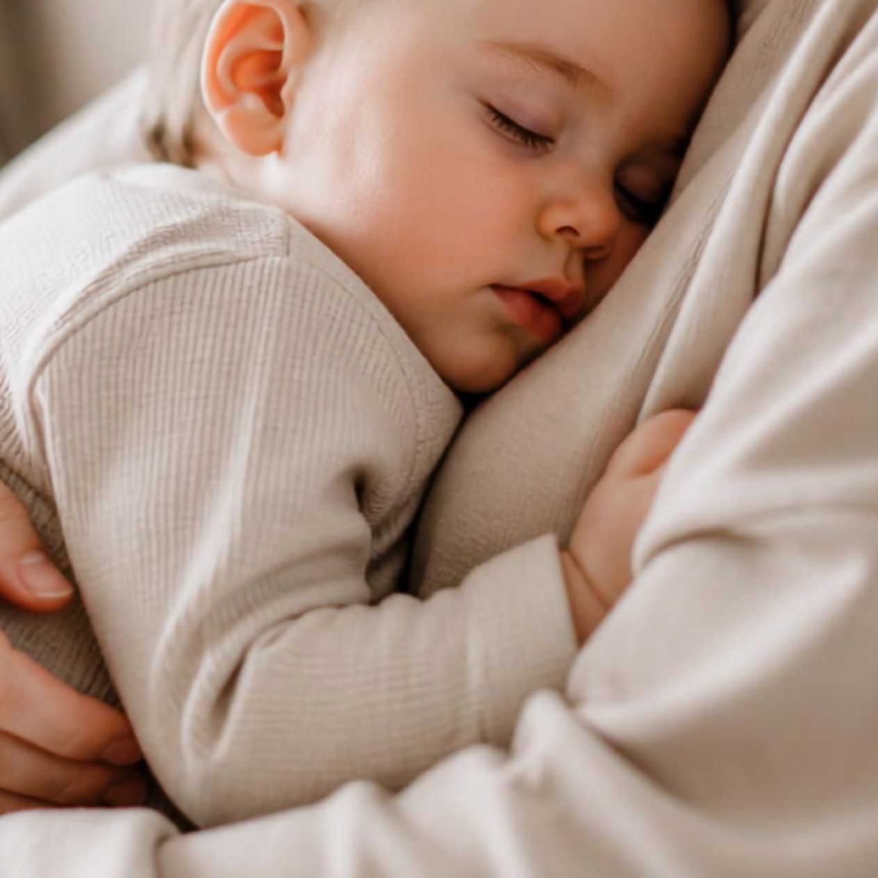 Slapend baby'tje rustig op een zachte deken, close-up van het gezichtje